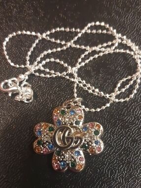 GG Silver-Tone Multi-Stone Flower Pendant Necklace-925 Sterling Silver